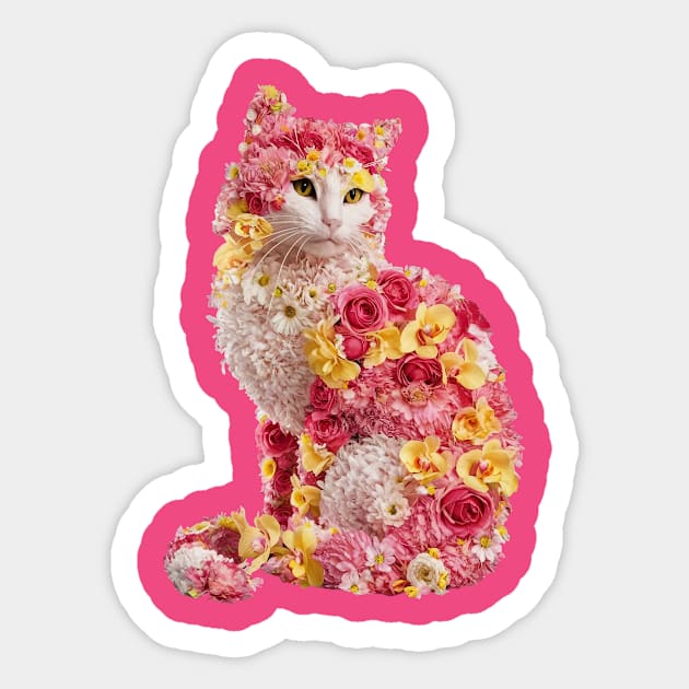Cat Adorned with Various Pink Flowers, Creating a Whimsical and Artistic Sticker by animegirlnft